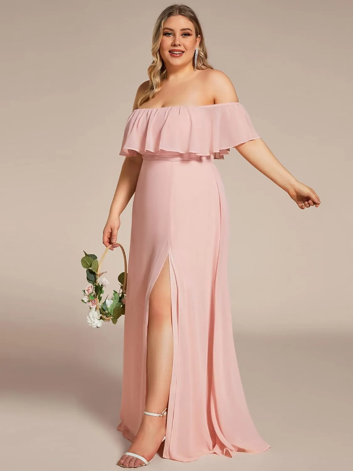 Ever-Pretty Women's Off Shoulder Short Sleeves Side Split Chiffon Plus Size Semi Formal Wedding Guest Dresses for Women