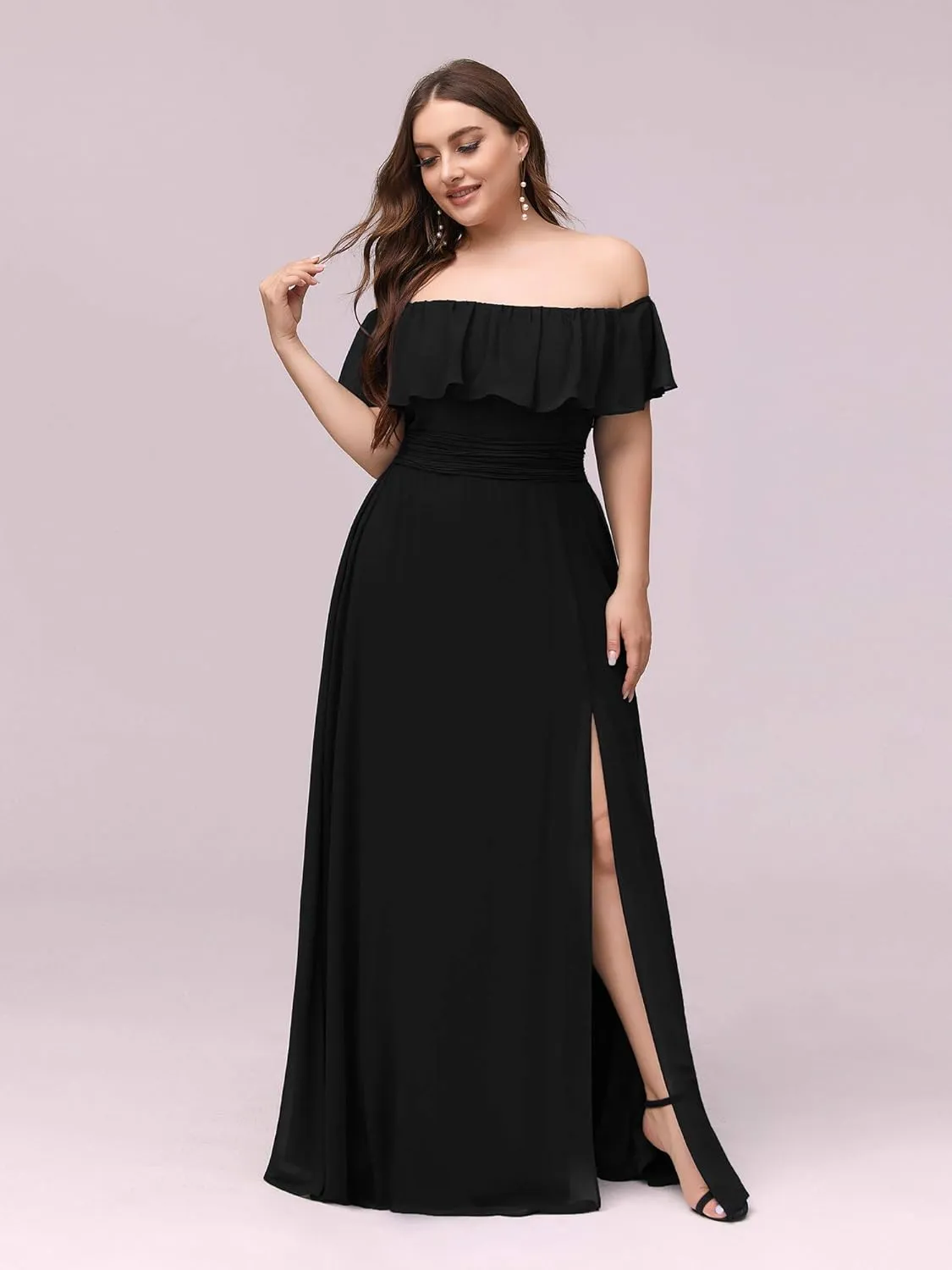 Ever-Pretty Women's Off Shoulder Short Sleeves Side Split Chiffon Plus Size Semi Formal Wedding Guest Dresses for Women