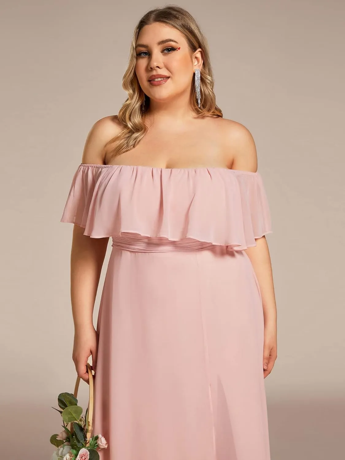 Ever-Pretty Women's Off Shoulder Short Sleeves Side Split Chiffon Plus Size Semi Formal Wedding Guest Dresses for Women