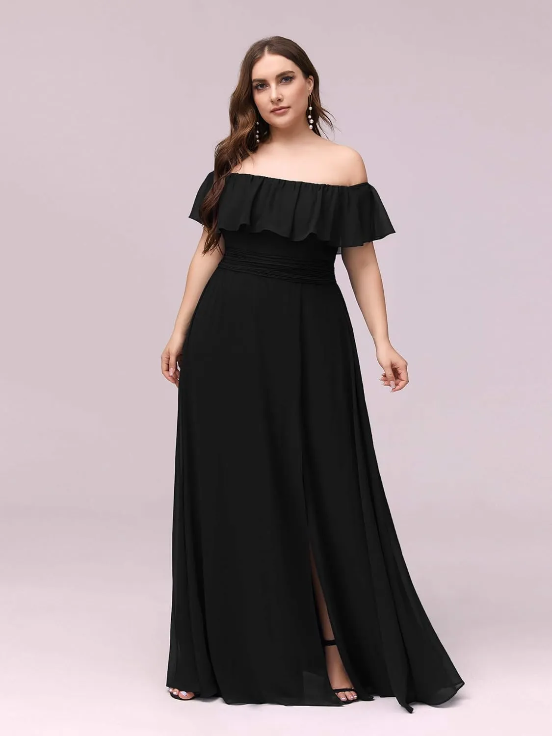 Ever-Pretty Women's Off Shoulder Short Sleeves Side Split Chiffon Plus Size Semi Formal Wedding Guest Dresses for Women