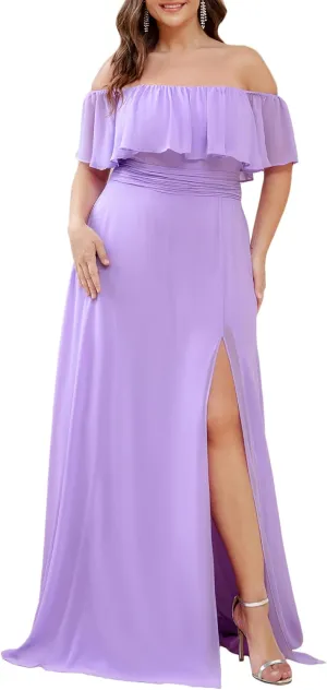 Ever-Pretty Women's Off Shoulder Short Sleeves Side Split Chiffon Plus Size Semi Formal Wedding Guest Dresses for Women