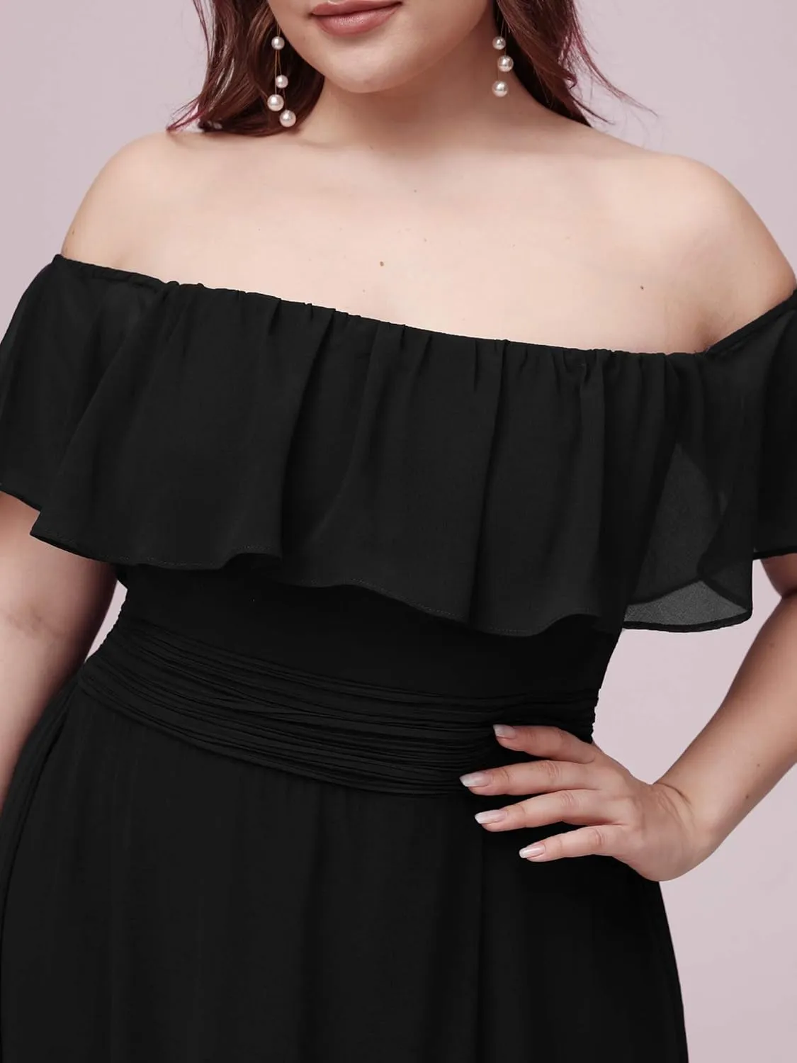 Ever-Pretty Women's Off Shoulder Short Sleeves Side Split Chiffon Plus Size Semi Formal Wedding Guest Dresses for Women