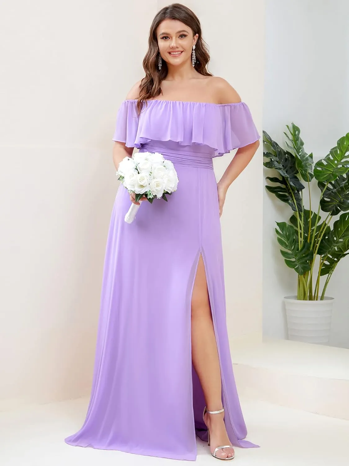 Ever-Pretty Women's Off Shoulder Short Sleeves Side Split Chiffon Plus Size Semi Formal Wedding Guest Dresses for Women