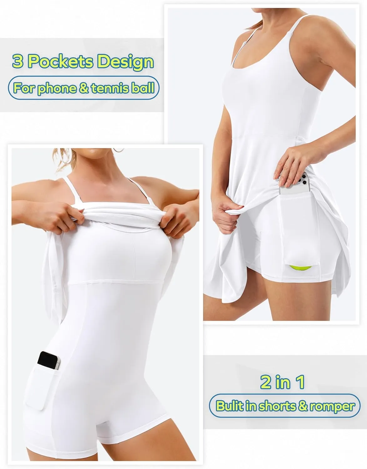 Ewedoos Tennis Dress Womens Athletic Dress Built in Shorts & Bra Adjustable Straps Workout Exercise Golf Summer Dress