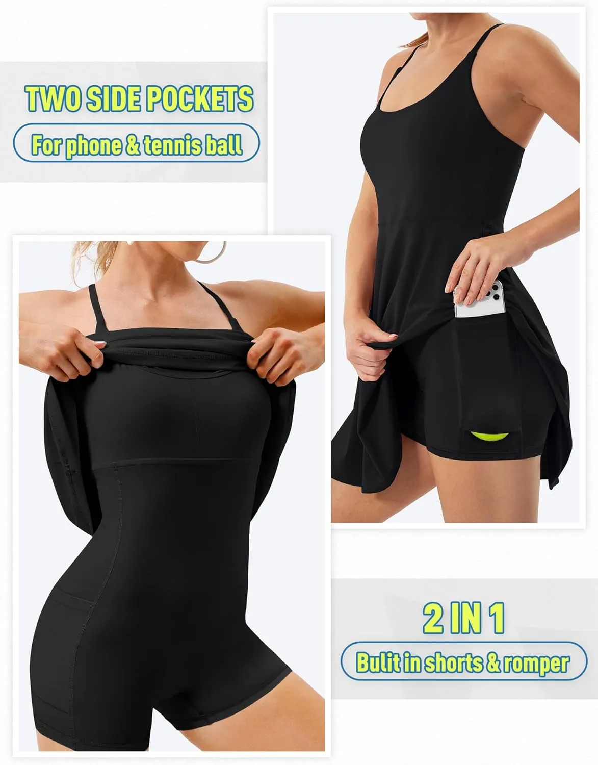 Ewedoos Tennis Dress Womens Athletic Dress Built in Shorts & Bra Adjustable Straps Workout Exercise Golf Summer Dress