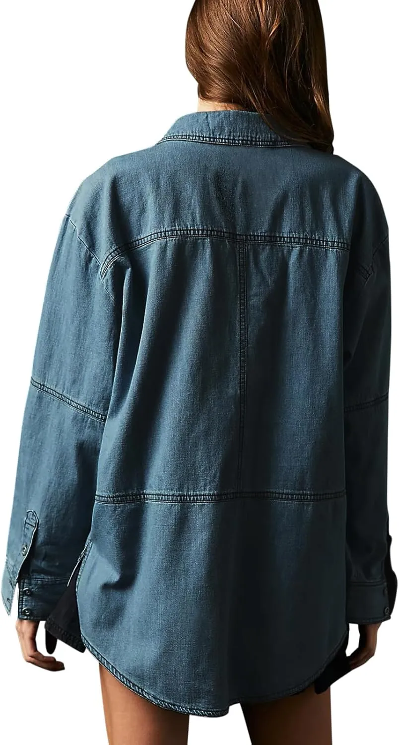 Fazortev Women's Denim Pullover Casual Button V Neck Blouse Loose Fit Long Sleeve Jean Jacket With Pocket