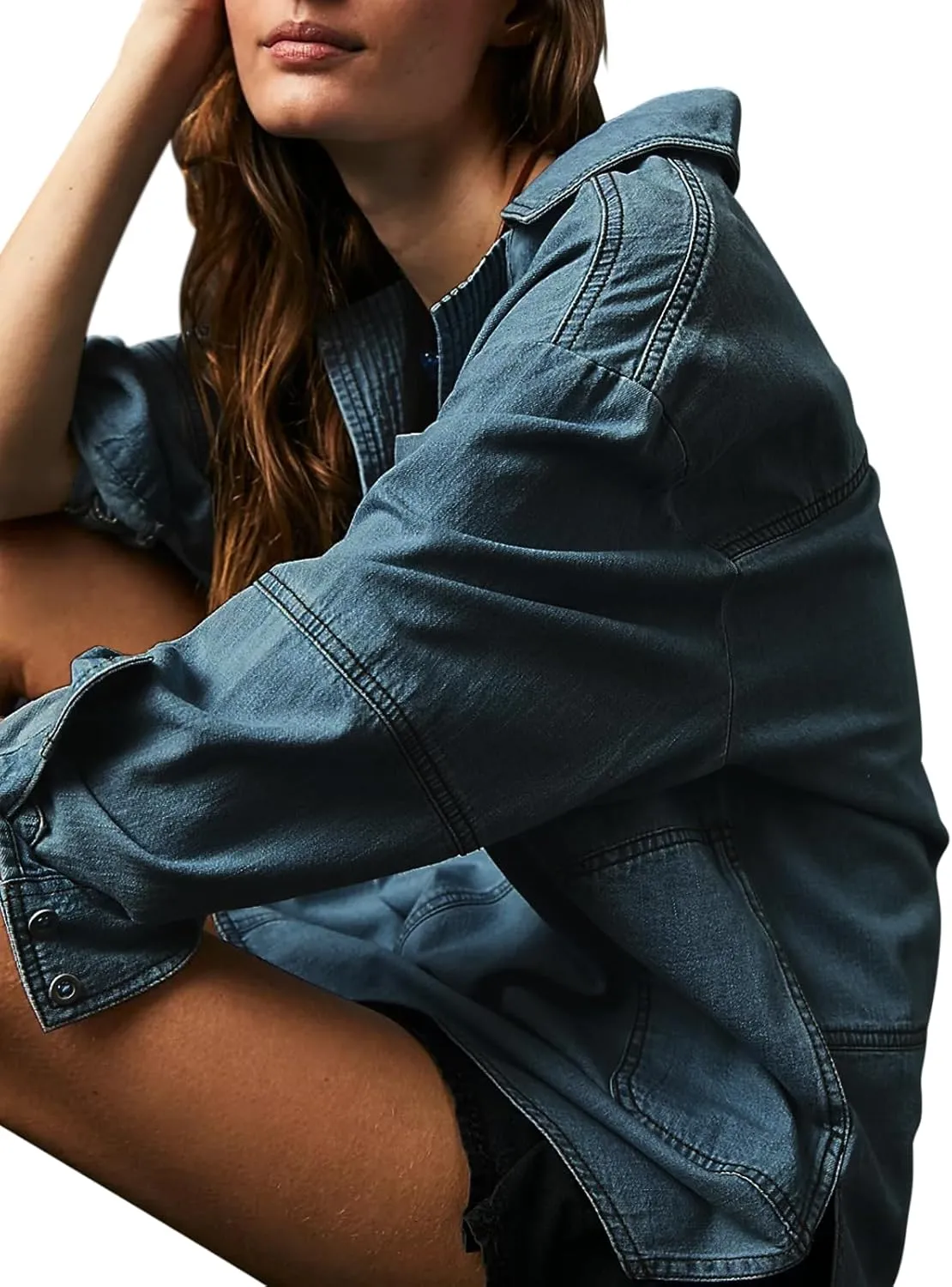 Fazortev Women's Denim Pullover Casual Button V Neck Blouse Loose Fit Long Sleeve Jean Jacket With Pocket