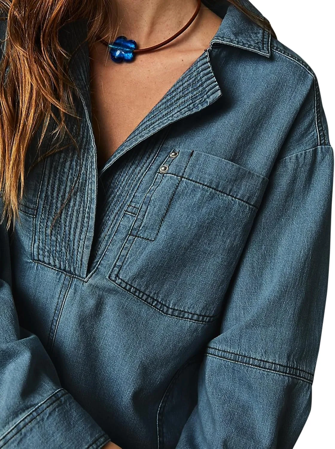 Fazortev Women's Denim Pullover Casual Button V Neck Blouse Loose Fit Long Sleeve Jean Jacket With Pocket