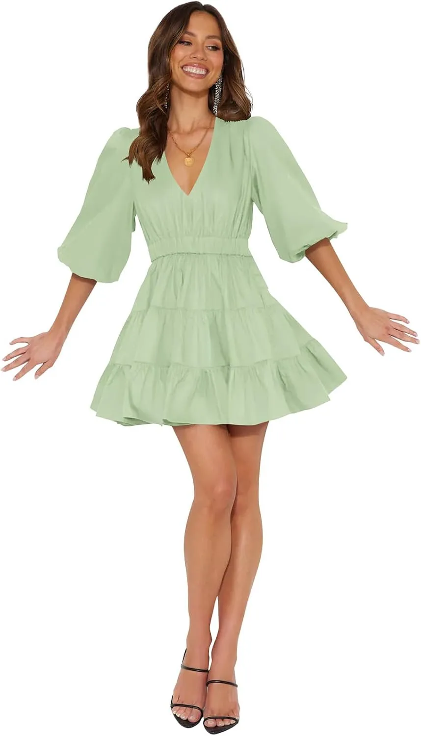 firfig Women's Casual Summer Dresses V Neck Half Sleeve Elastic Waist Flowy Tiered Short Mini Dress S-XXL