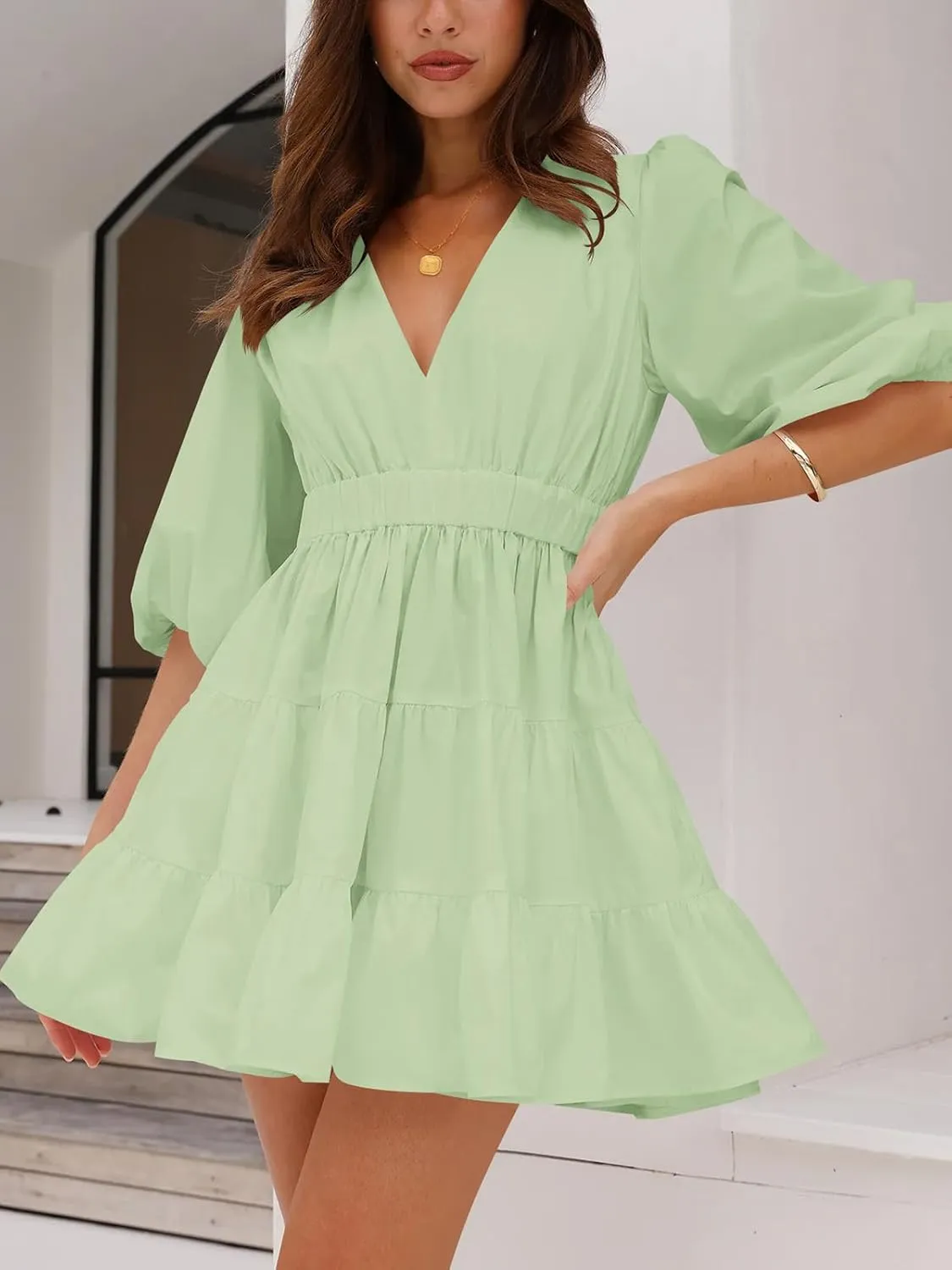 firfig Women's Casual Summer Dresses V Neck Half Sleeve Elastic Waist Flowy Tiered Short Mini Dress S-XXL