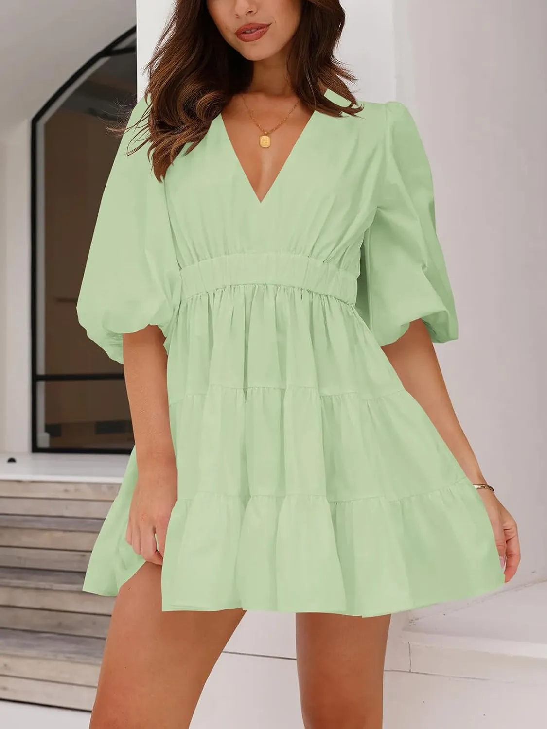 firfig Women's Casual Summer Dresses V Neck Half Sleeve Elastic Waist Flowy Tiered Short Mini Dress S-XXL