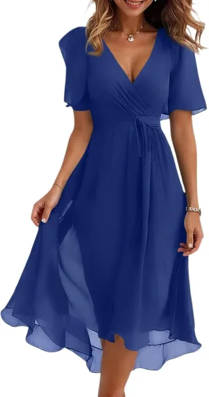 Floral Chiffon Midi Cocktail Dresses for Women 2025 Elegant Classy Summer Beach Flowy Sexy Deep V Neck Wrap Dress