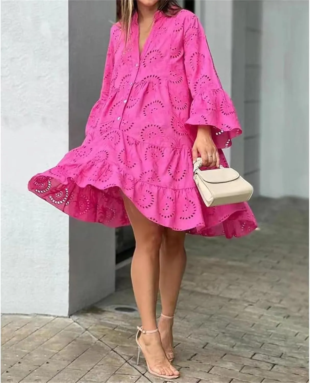Floral Dress for Women Long Sleeve Summer Midi Dresses V Neck Boho Dresses Beach Vacation Flowy Sundress Lightweight