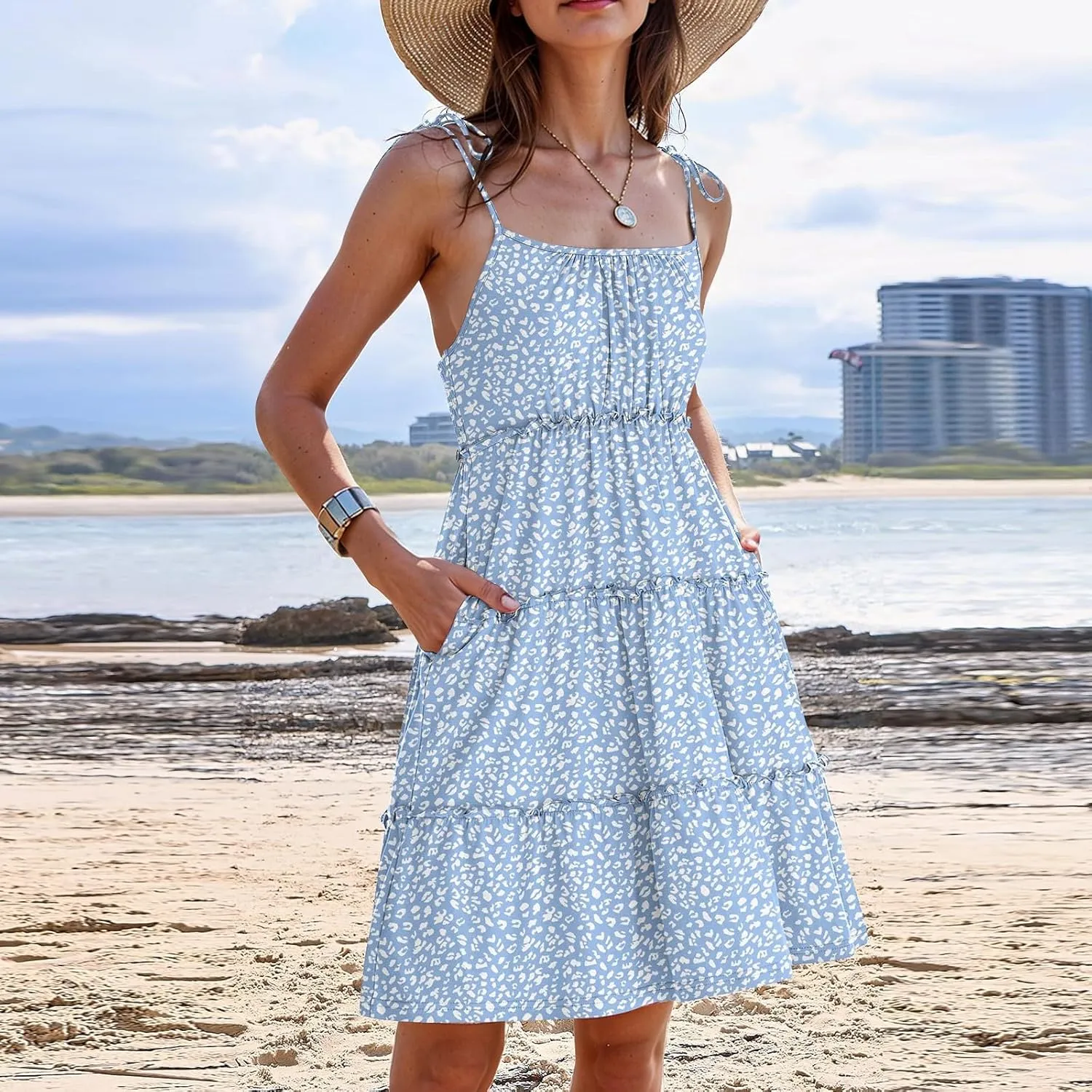 Floral Sundress for Women Cute Spaghetti Strap A Line Dress Boho Summer Casual Sleeveless Tiered Sundresses