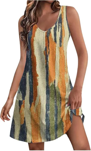 FZYLQY Sleeveless Boho Printed Tank Dress for Women Summer Casual Loose Fit Mini Dresses V Neck Lightweight Beach Outfits