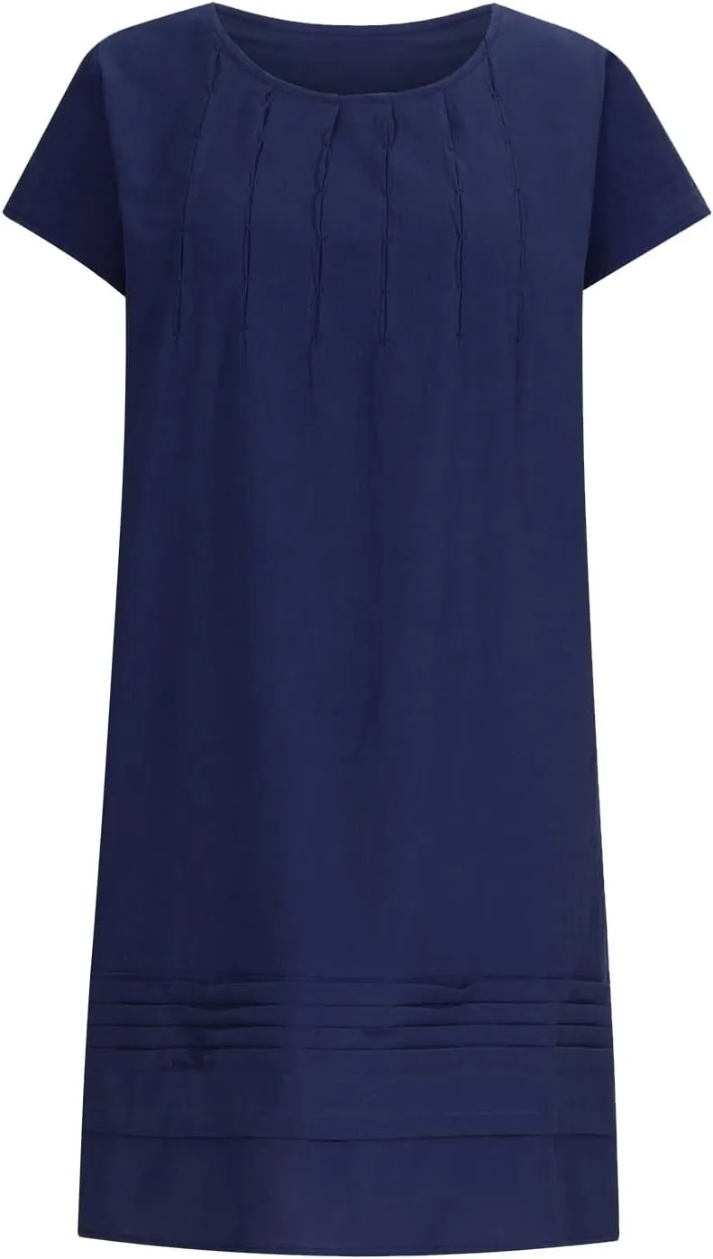 FZYLQY Women's Cotton Linen Midi Dresses Plus Size Cap Sleeve Pleated Summer Dress Vacation 2025 Crew Neck Casual Dress