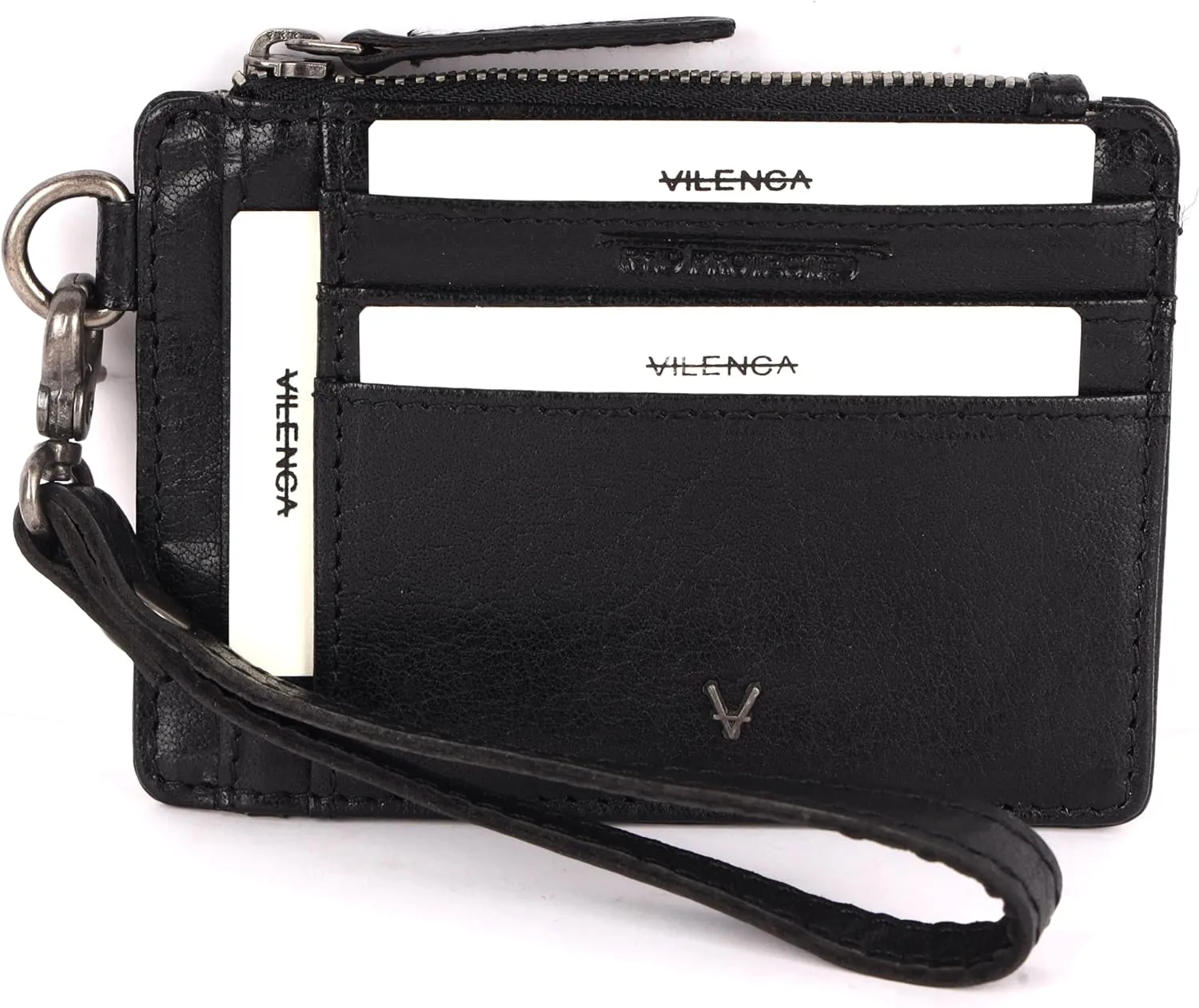 Genuine Italian Leather Card Holder Wallet for Women- Sleek & Minimalist, RFID Protected, ID Window, Side zipper pocket with detachable Wristlet (Matte Black)