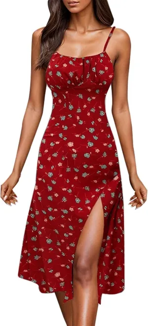 GOKKILRW Women Summer Dresses 2025 Spaghetti Straps Sleeveless Slim Fit Side Slit Sundress Boho Flowy Loose A-Line Midi Dress