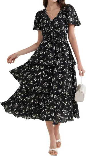 GRACE KARIN Women's 2025 Floral Summer Long Midi Dress V Neck Short Sleeve Ruffle Tiered Layered Boho Swing Dresses