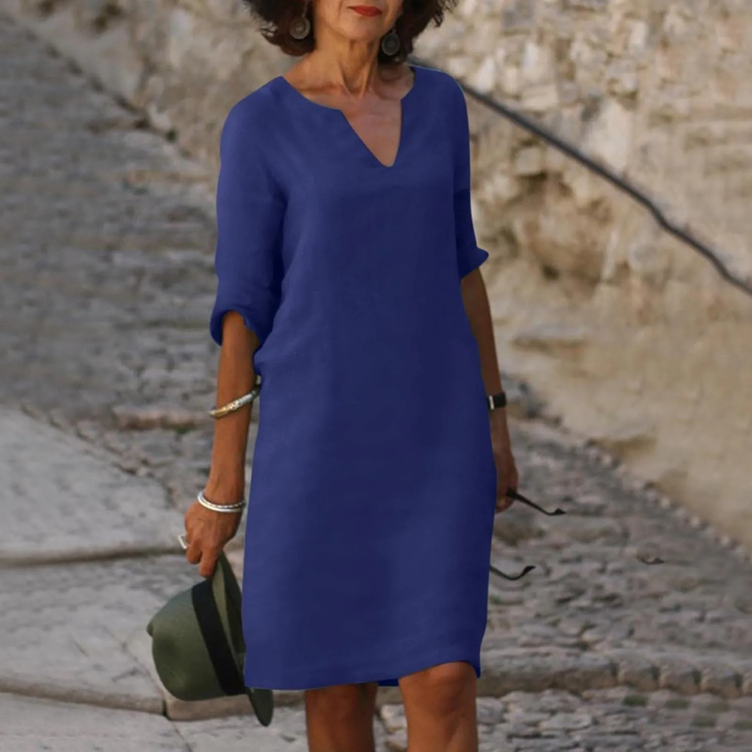 Grandmother of The Bride Dresses Half Sleeve V Neck Cotton Linen Midi Dress Vintage Casual Lightweight T Shirt Dress
