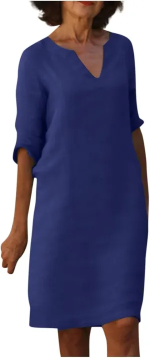 Grandmother of The Bride Dresses Half Sleeve V Neck Cotton Linen Midi Dress Vintage Casual Lightweight T Shirt Dress