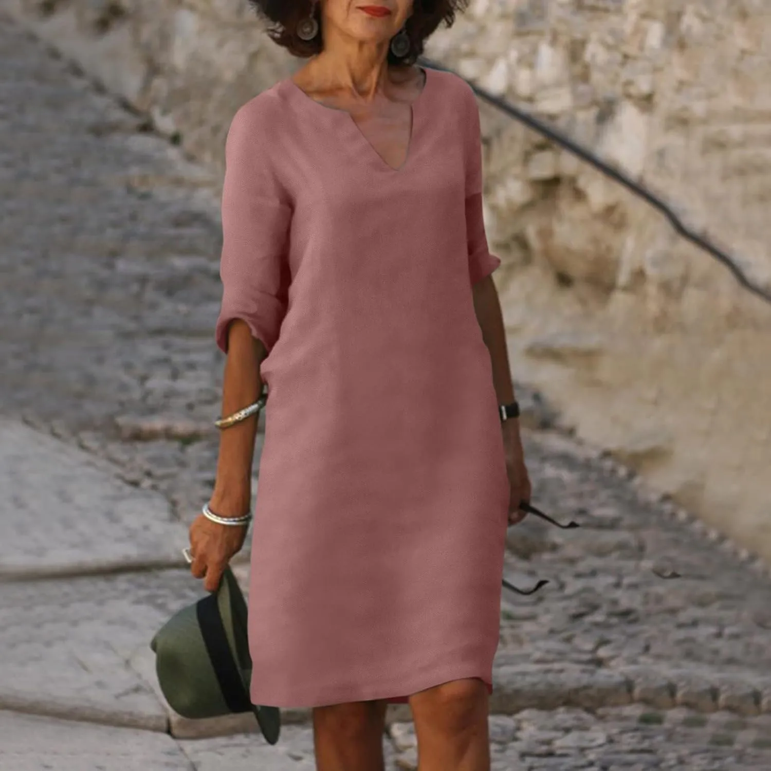 Grandmother of The Bride Dresses Half Sleeve V Neck Cotton Linen Midi Dress Vintage Casual Lightweight T Shirt Dress