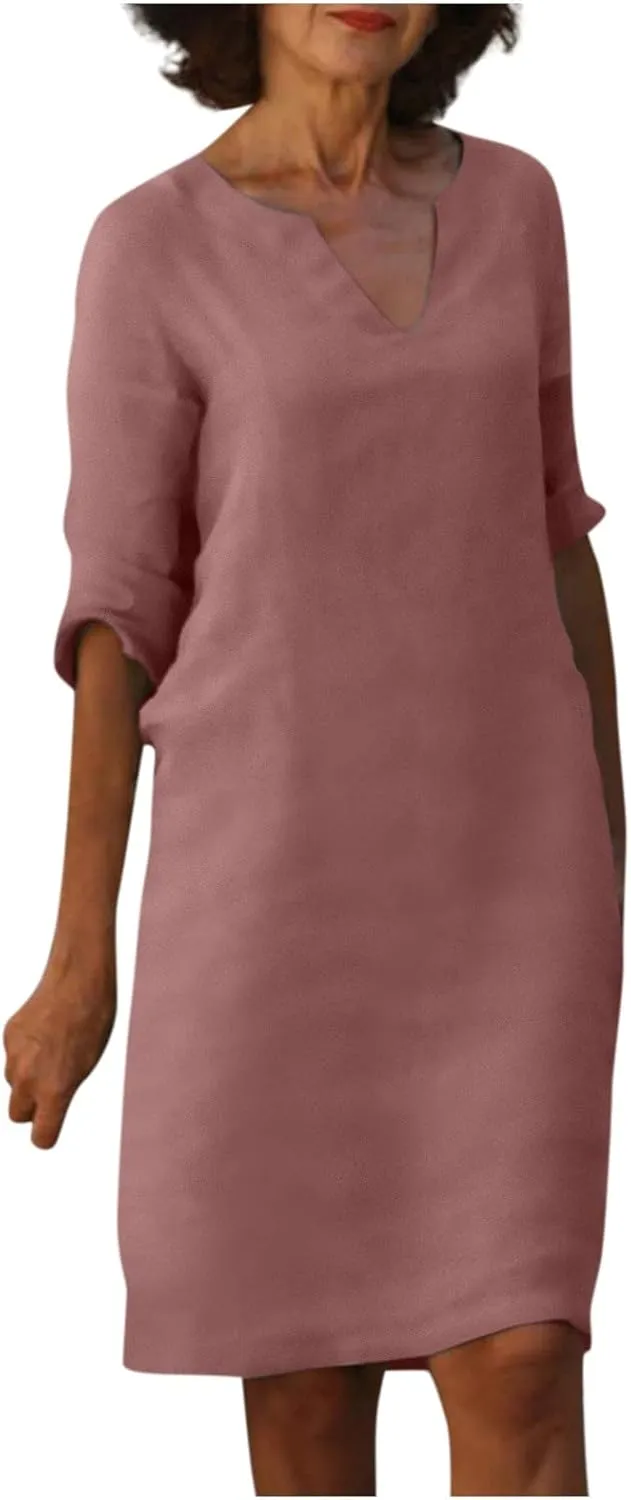 Grandmother of The Bride Dresses Half Sleeve V Neck Cotton Linen Midi Dress Vintage Casual Lightweight T Shirt Dress