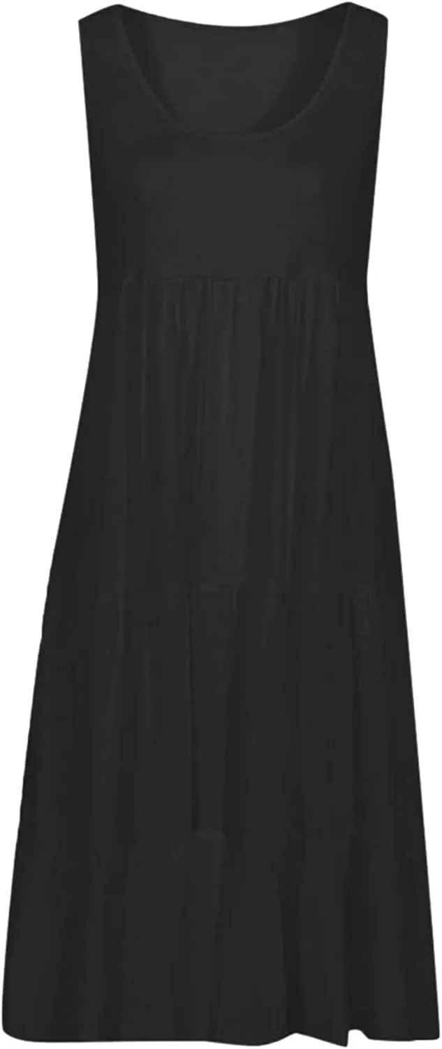 GRASWE Women's Summer Sleeveless Beach Dresses Loose Plain Plus Size Swing Sundress