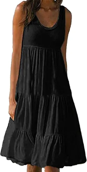 GRASWE Women's Summer Sleeveless Beach Dresses Loose Plain Plus Size Swing Sundress
