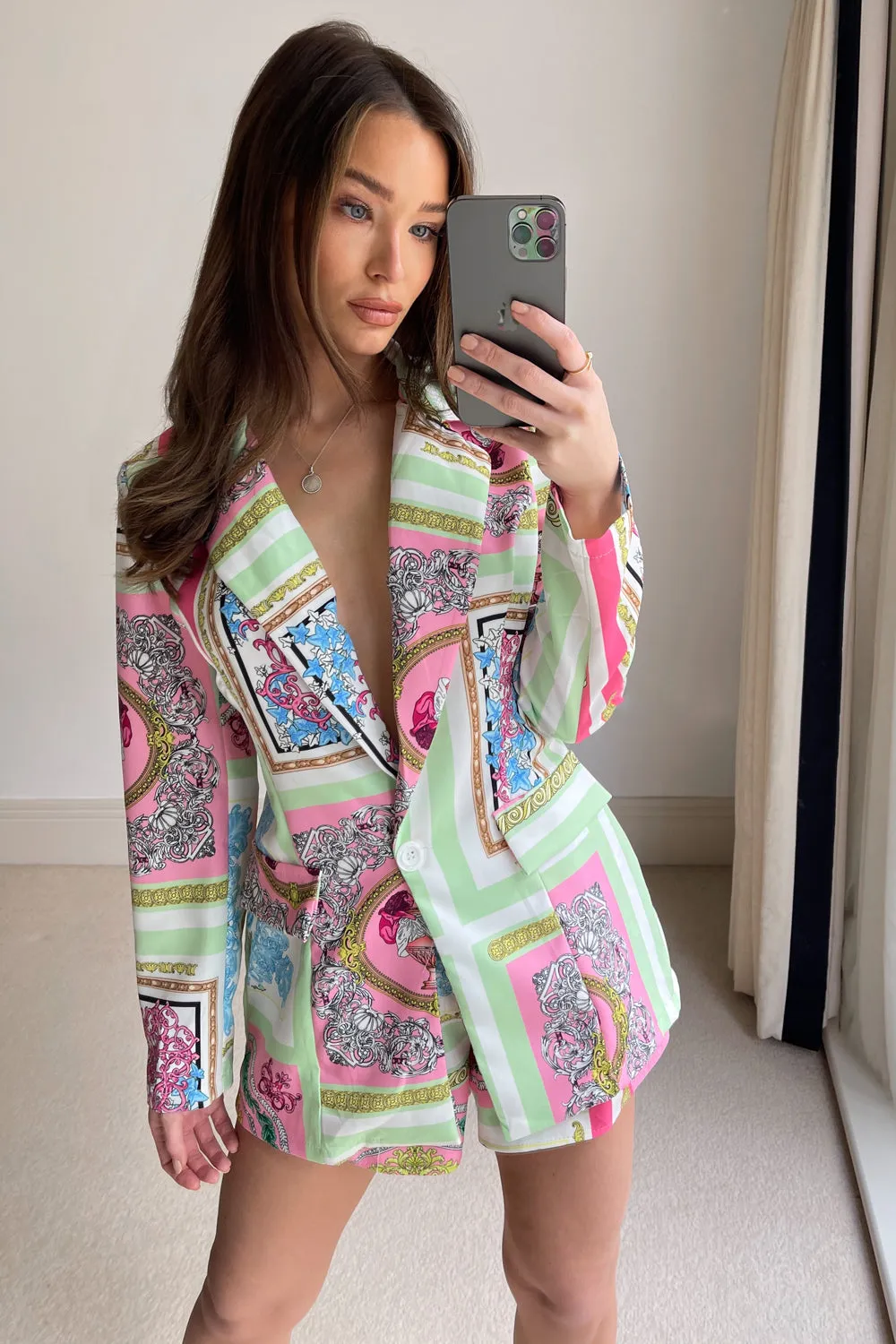 Green and Pink Scarf Print Tailored Blazer