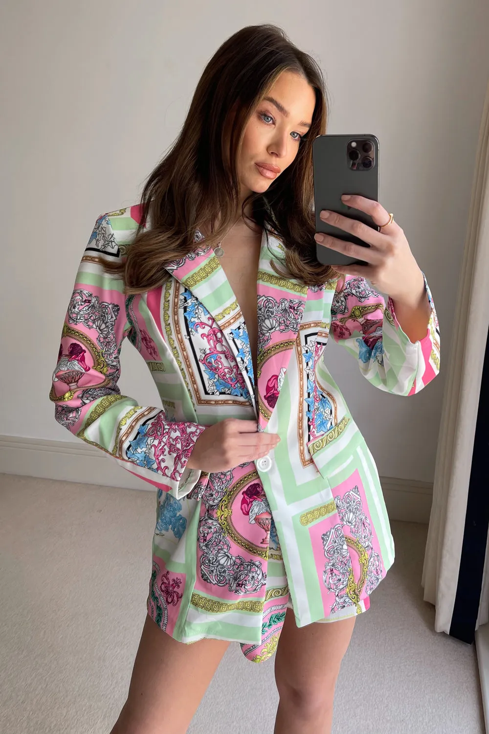 Green and Pink Scarf Print Tailored Blazer