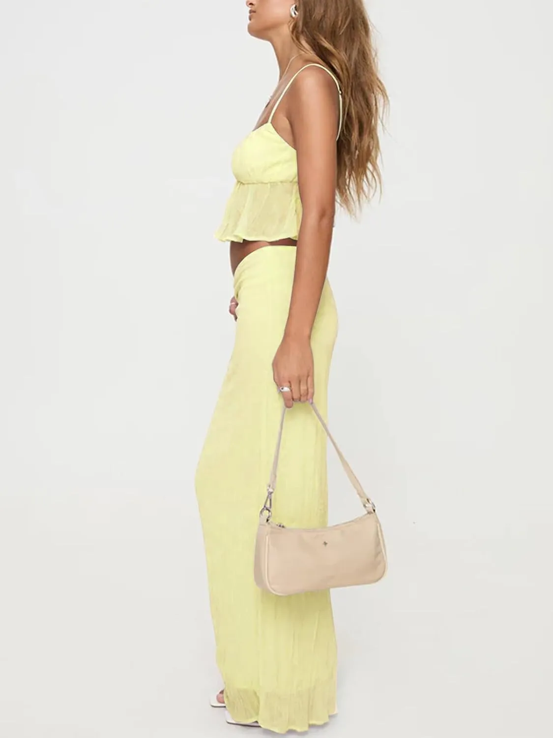 Halfword Skirt Sets Women 2 Piece Outfits Ruffle Spaghetti Strap Cami Top and Bodycon Maxi Dress Vacation Set