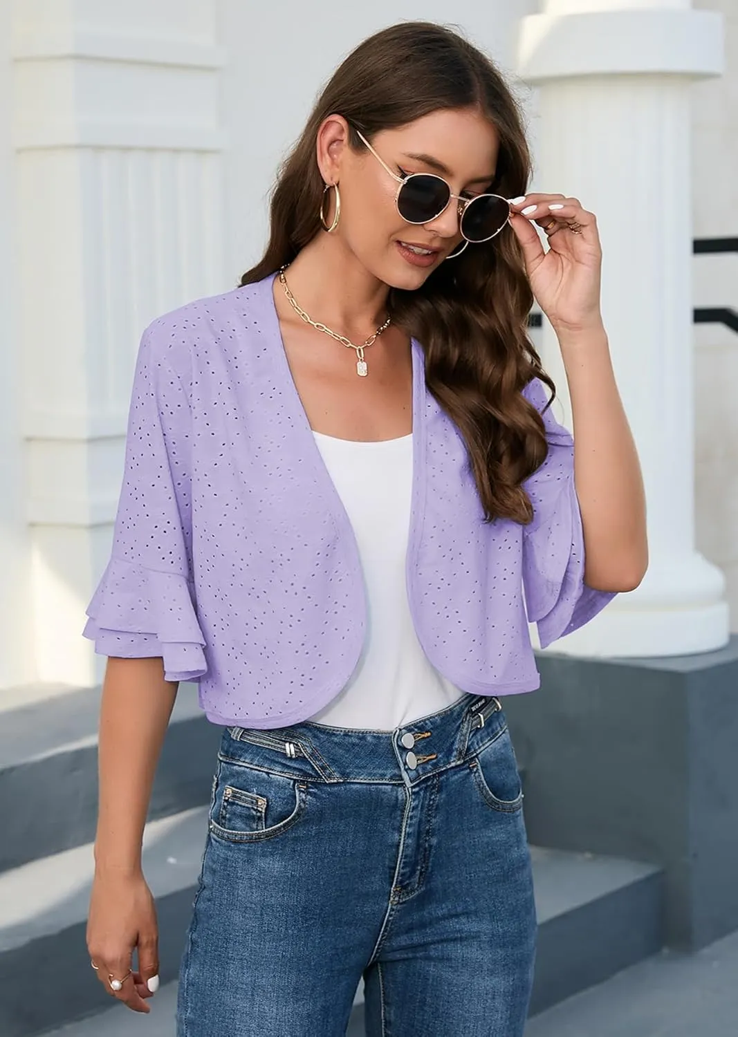 Heymoments Women's Summer Shrugs Ruffled Hem Open Front Crochet Lightweight Dressy Cardigan for Dresses