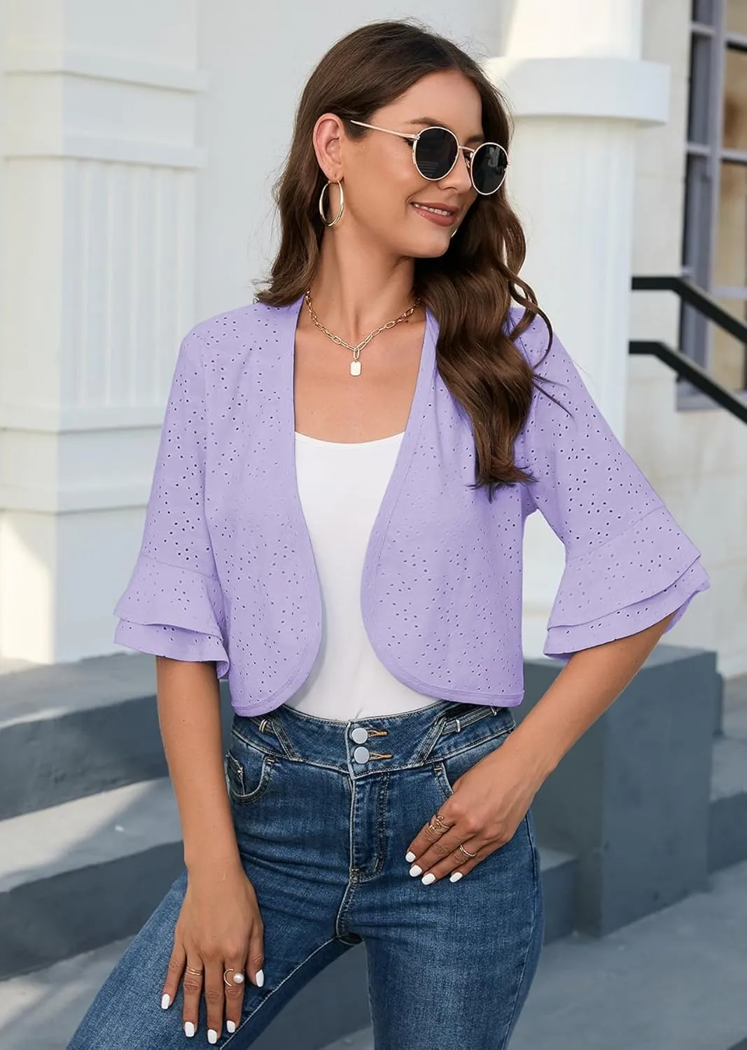 Heymoments Women's Summer Shrugs Ruffled Hem Open Front Crochet Lightweight Dressy Cardigan for Dresses