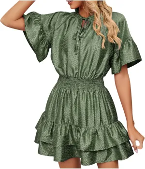 HGps8w Women Cute Summer Satin Dresses Lace-up V Neck Short Sleeve High Waist Ruffle Tiered A Line Swing Tunic Mini Dress