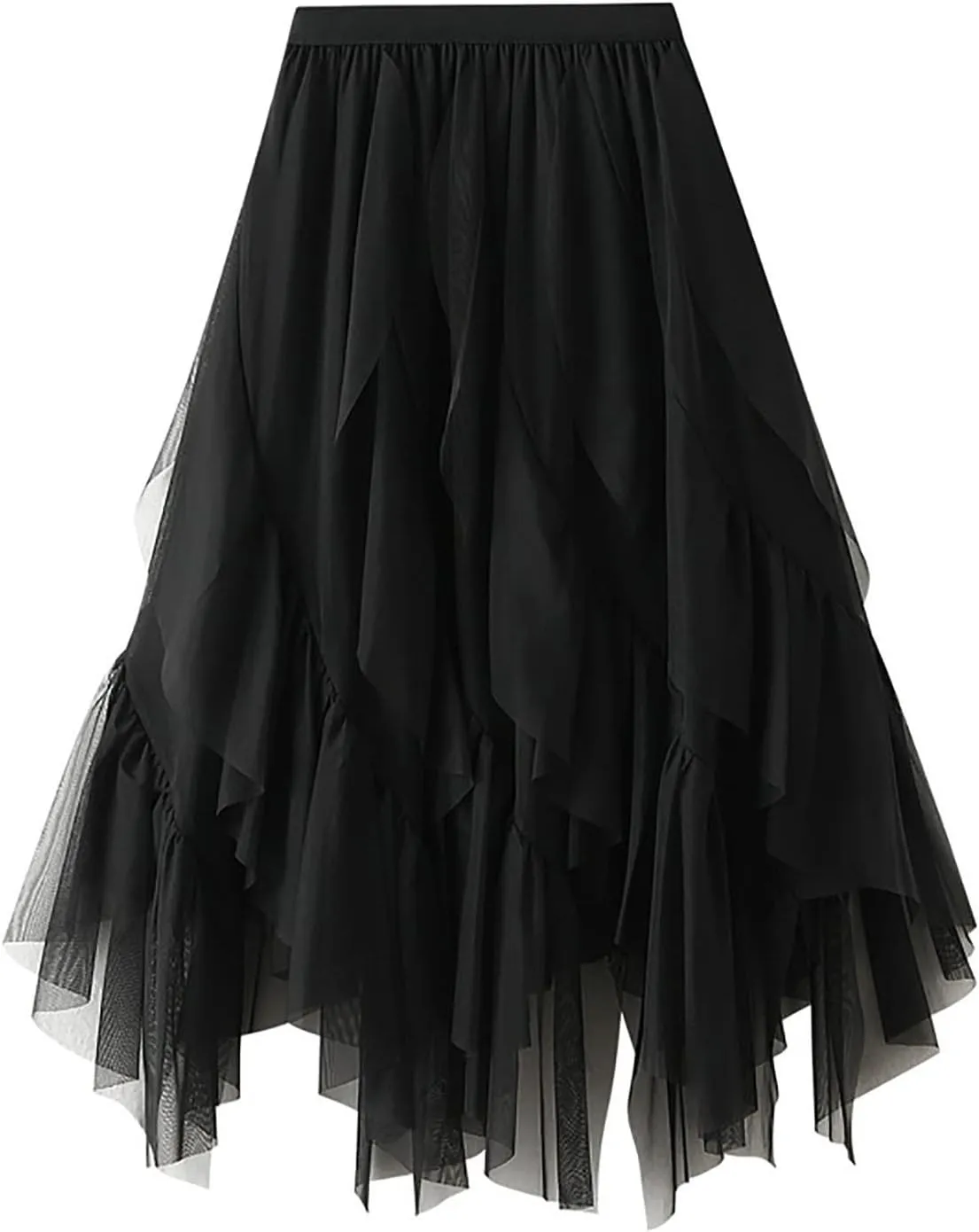 HGps8w Women Mesh Midi Skirt Multilayer Irregular Ruffled High Waist Lace Ballet Prom Party Tulle Tutu A-line Skirts