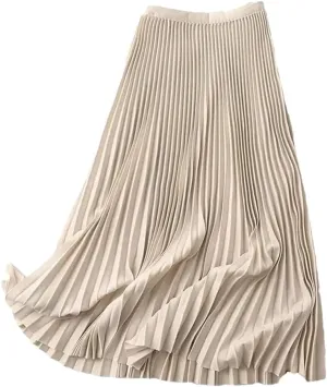 Hgvcfcv Long Pleated Skirts for Women Spring Fall Elastic Band A Line Elegant Office Ladies Midi Skirt