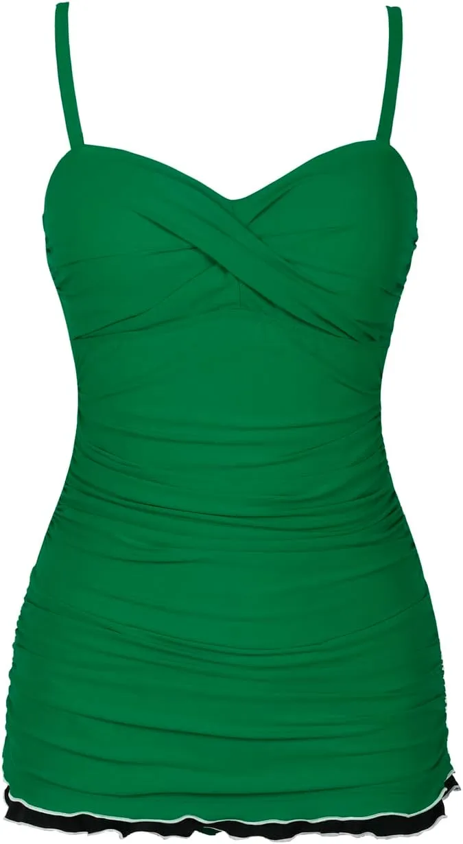 Hilor Women's One Piece Swimsuits Tummy Control Swimwear Ruffle Swimdress with Built in Swim Brief