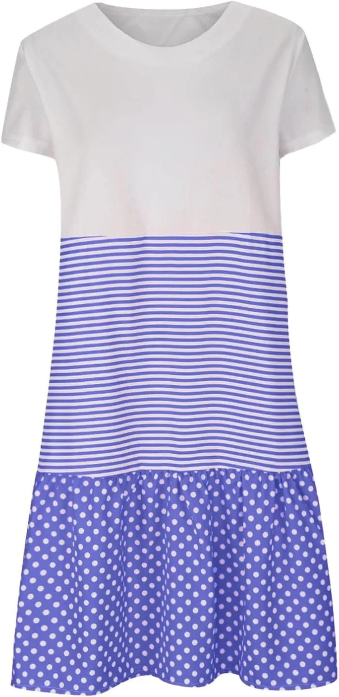 hlysgo Womens Summer Dress 2025 Casual Short Sleeve Crew Neck Mini Dresses Lightweight Plus Size Peplum Boho Beach Dress