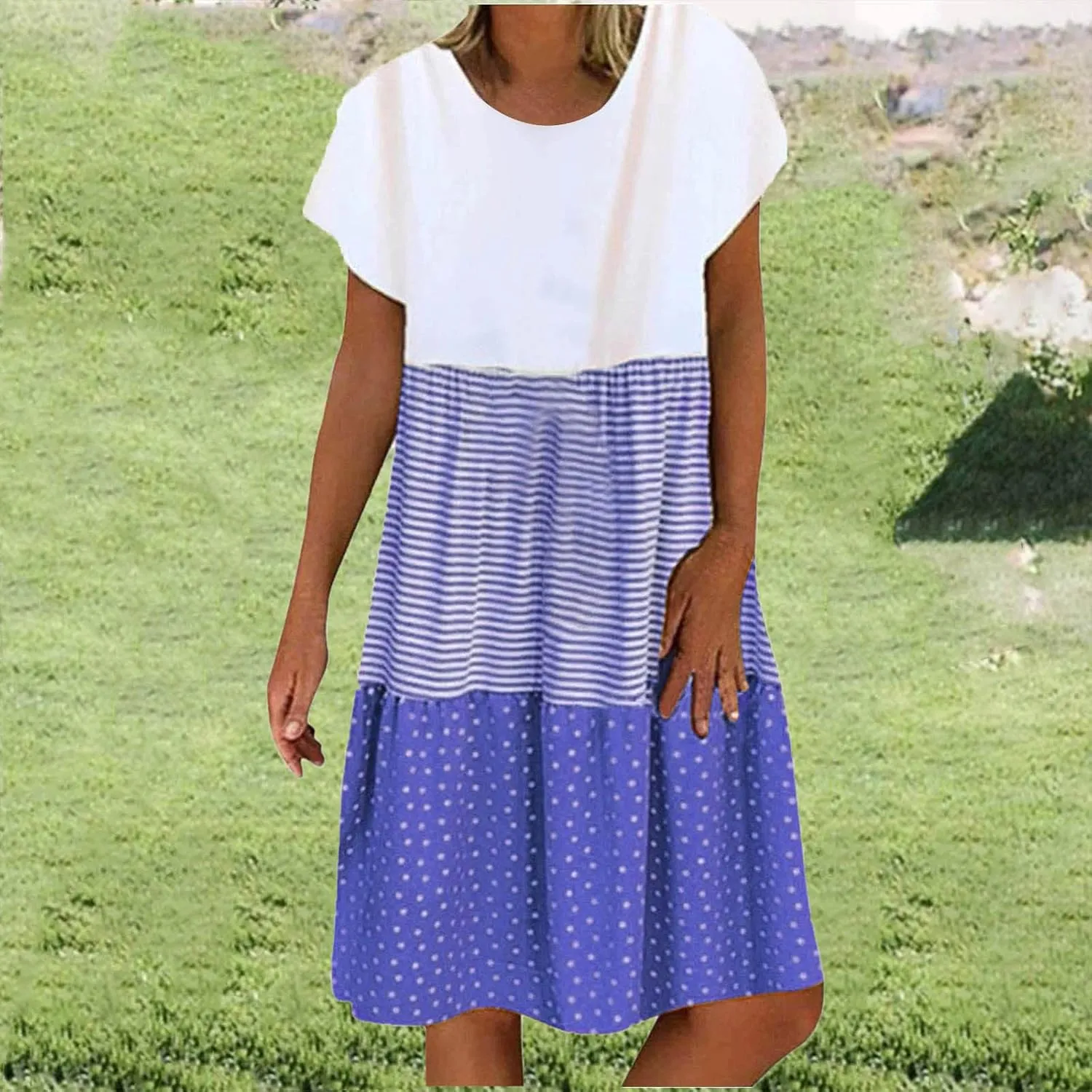 hlysgo Womens Summer Dress 2025 Casual Short Sleeve Crew Neck Mini Dresses Lightweight Plus Size Peplum Boho Beach Dress