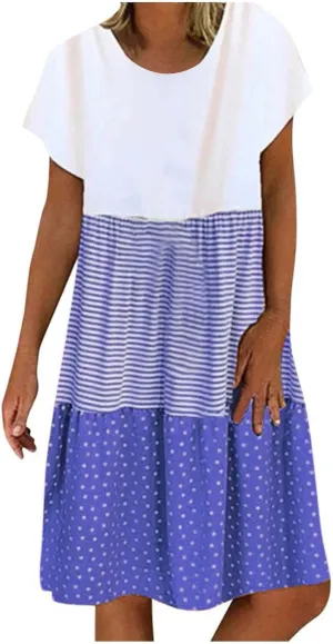 hlysgo Womens Summer Dress 2025 Casual Short Sleeve Crew Neck Mini Dresses Lightweight Plus Size Peplum Boho Beach Dress