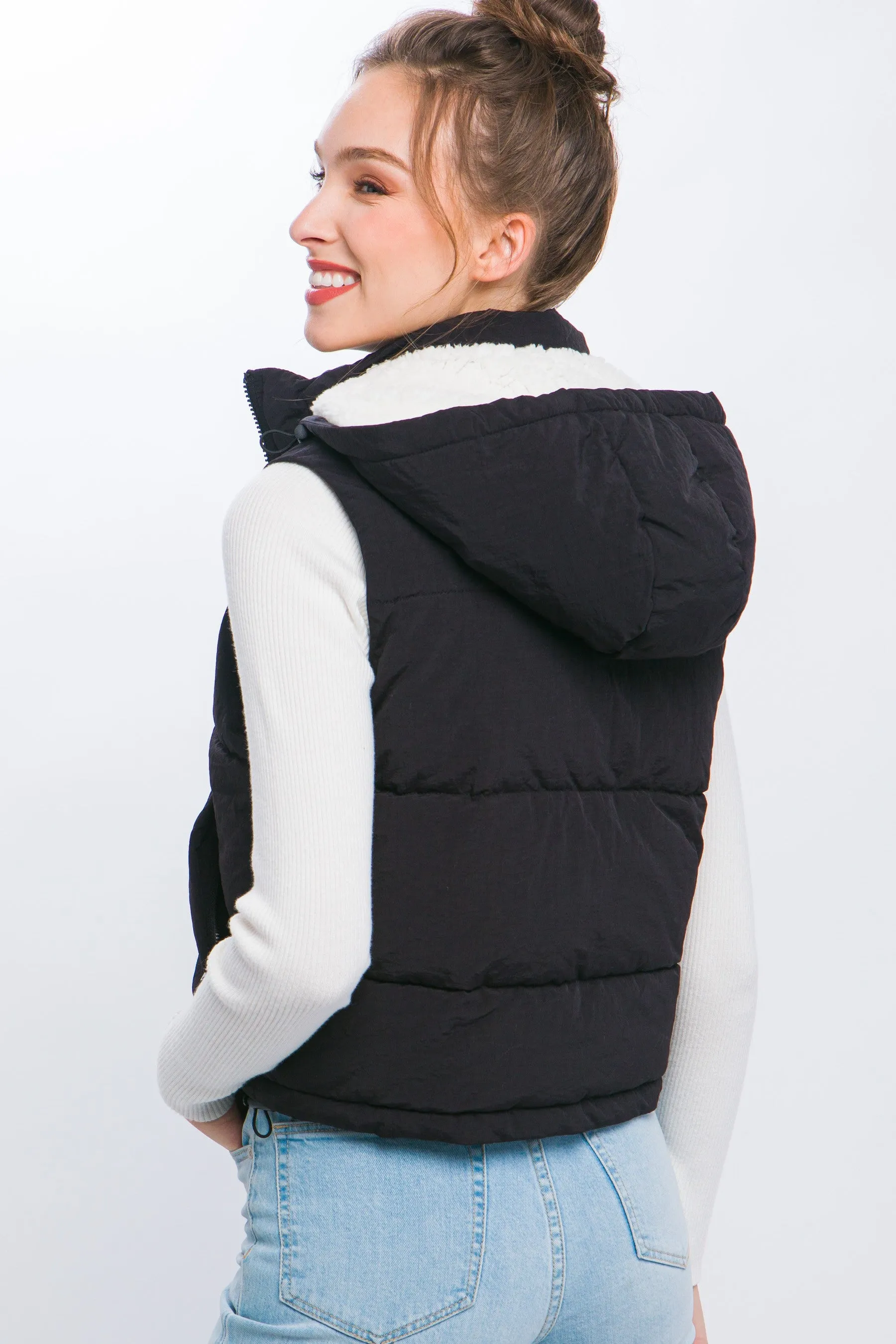 Hooded Puffer Vest With Fleece Lining