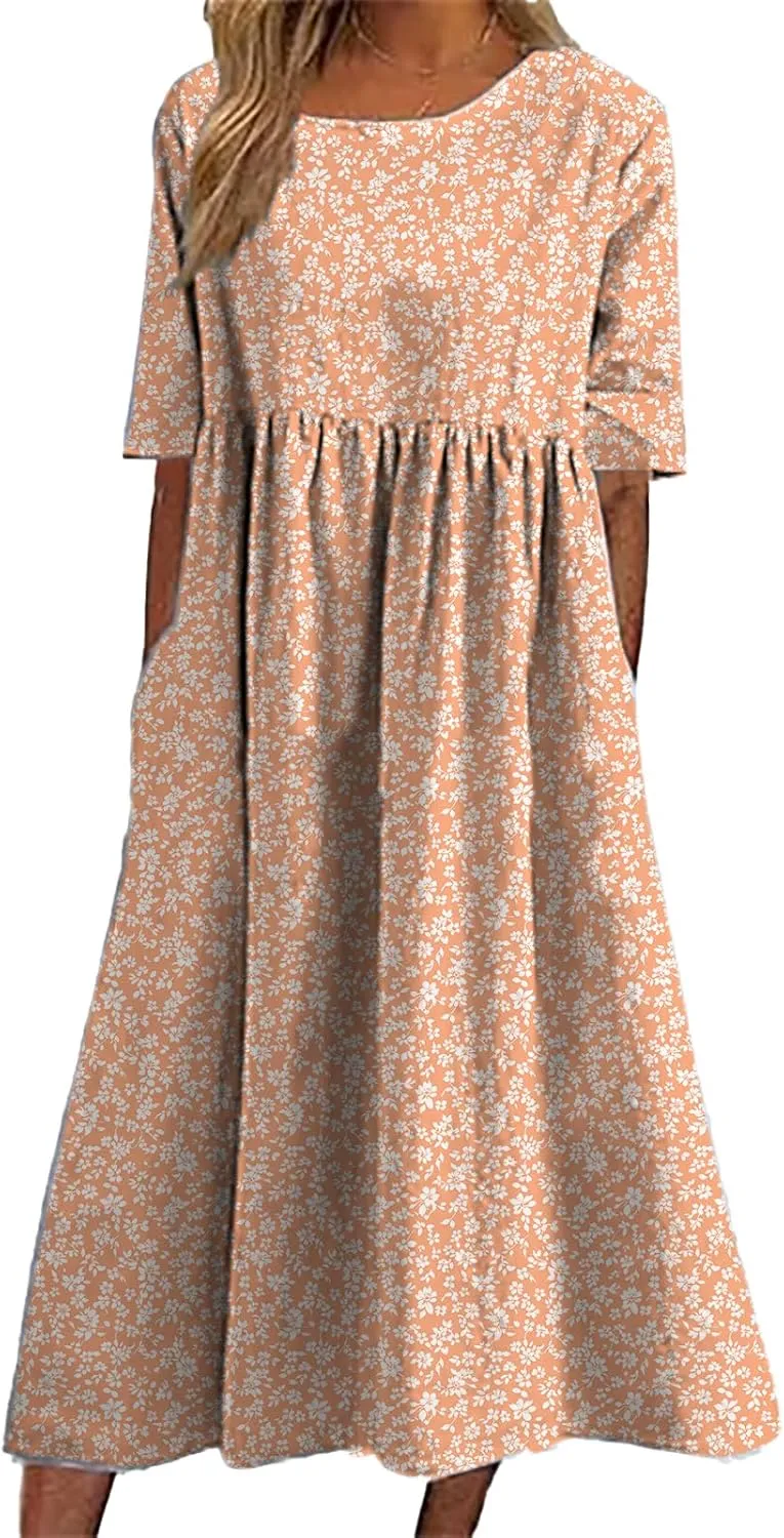 HOTYD Womens Boho Floral Midi Dress Plus Size Short Sleeve Crew Neck Casual Loose Flt Flowy Summer Dress with Pockets