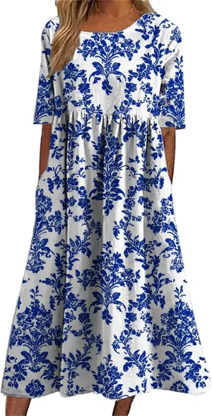 HOTYD Womens Boho Floral Midi Dress Plus Size Short Sleeve Crew Neck Casual Loose Flt Flowy Summer Dress with Pockets