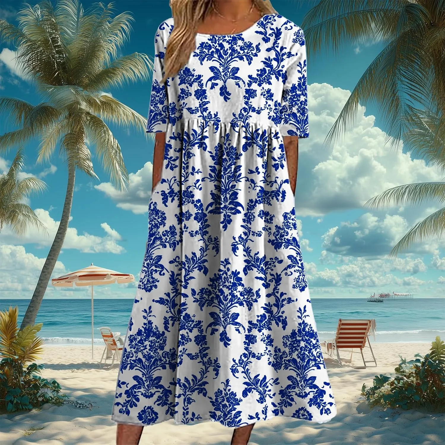 HOTYD Womens Boho Floral Midi Dress Plus Size Short Sleeve Crew Neck Casual Loose Flt Flowy Summer Dress with Pockets