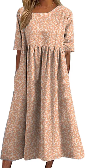 HOTYD Womens Boho Floral Midi Dress Plus Size Short Sleeve Crew Neck Casual Loose Flt Flowy Summer Dress with Pockets
