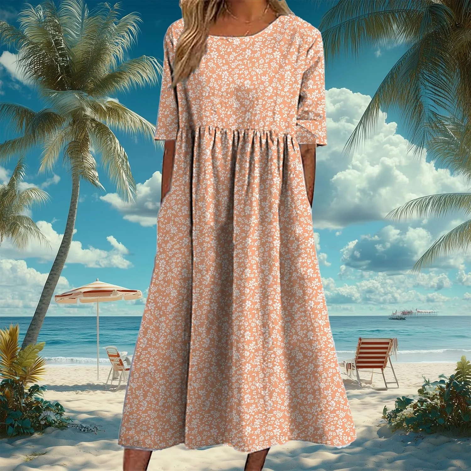 HOTYD Womens Boho Floral Midi Dress Plus Size Short Sleeve Crew Neck Casual Loose Flt Flowy Summer Dress with Pockets