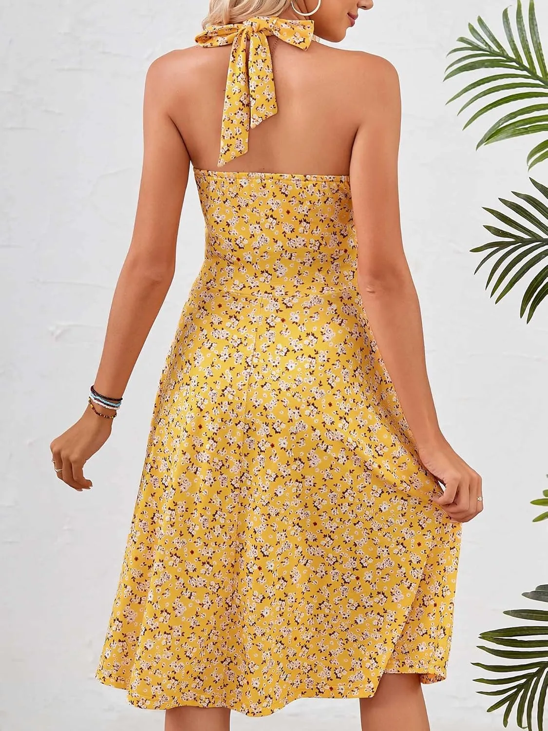 HUHOT Women's Summer Sundress Sleeveless Halter Neck Spring 2025 Floral with Pocket Elastic Waist Ruffle Mini Dresses