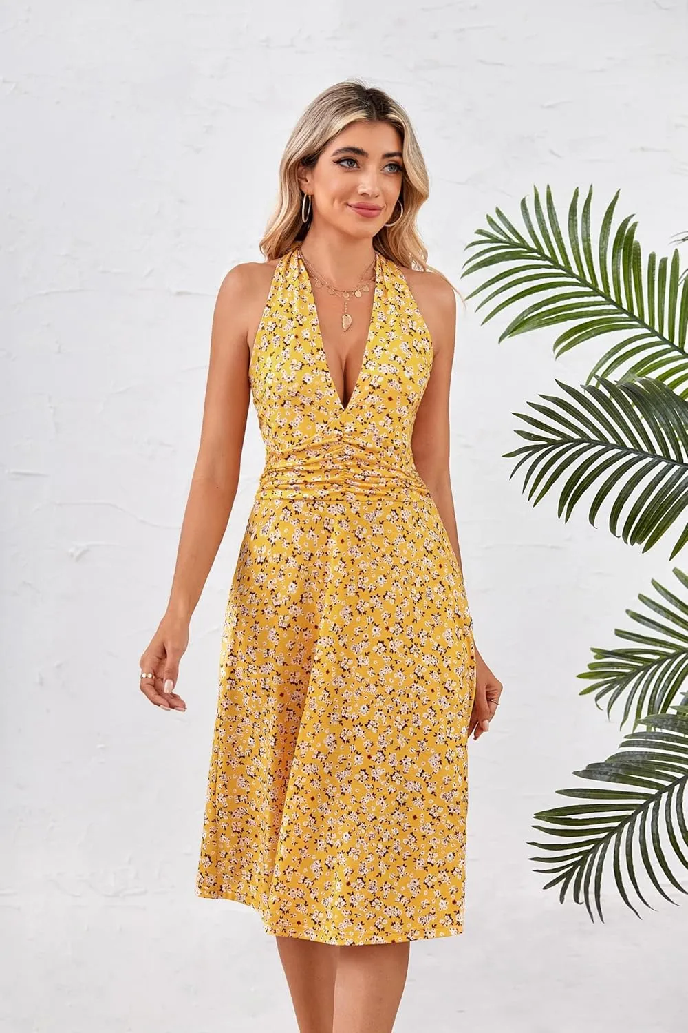 HUHOT Women's Summer Sundress Sleeveless Halter Neck Spring 2025 Floral with Pocket Elastic Waist Ruffle Mini Dresses