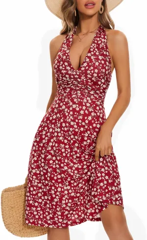 HUHOT Women's Summer Sundress Sleeveless Halter Neck Spring 2025 Floral with Pocket Elastic Waist Ruffle Mini Dresses